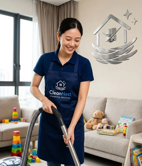 Cleaner vacuuming a living room in a Klang Valley condo with child nearby