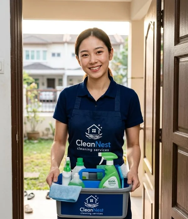 Clean Nest team lead holding professional cleaning tools at a KL home