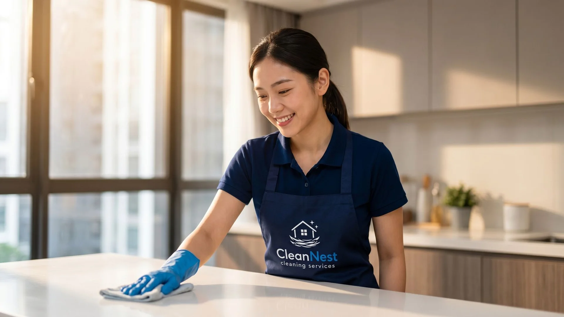 Clean Nest female cleaner wiping kitchen counter in a Kuala Lumpur condo